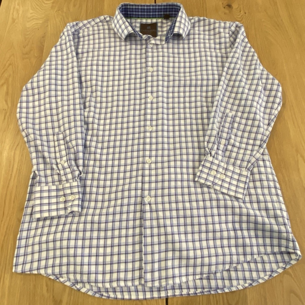 Tattersall London Dress Shirt Blue Check 17.5 32/33 Men's Button Down *